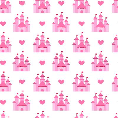 Pink Princess Castle Seamless Pattern with heart. flat illustration.