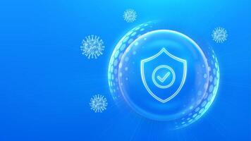 Virus protection. Healthcare. Vaccination. Virus cell. Antibiotic. Protection shield with Check mark icon inside transparent sphere shield with hexagon pattern on blue background vector