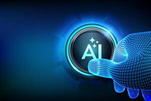 Generate with AI button. Artificial intelligence and Machine learning technology concept. AI enters by command prompt to generate ideas. Closeup finger about to press a Generate AI button. . vector