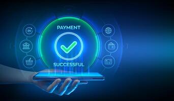 Online payment concept. Successful payment notification. Mobile banking application transaction on smartphone. Online shopping. E-commerce and fintech. Hands holding smartphone vector