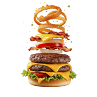 A hamburger with bacon and cheese on top png