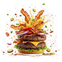A hamburger with bacon, lettuce, onions and other toppings png