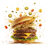 A hamburger with cheese and toppings flying out of it png