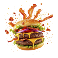 Burger with bacon, lettuce, cheese and tomato on a black background png