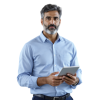 A man with a beard and a blue shirt holding a tablet png