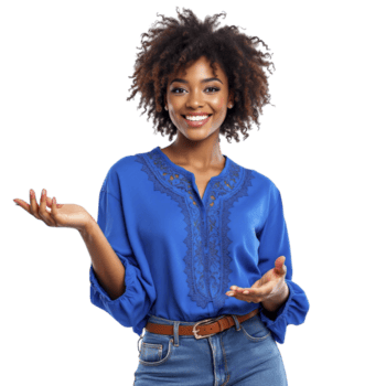 A smiling woman in blue shirt and jeans png