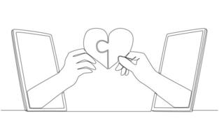Continuous one line drawing of hands putting puzzle pieces to form heart shape through smartphone, online dating apps concept, single line art vector