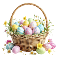 Easter eggs in a basket with flowers on a black background png