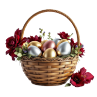 Easter eggs in basket with flowers on black background png