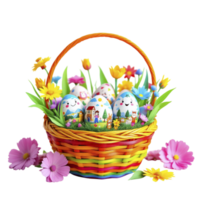 Easter basket with colorful eggs and flowers png