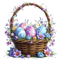 Easter eggs in a basket with flowers and ribbons png
