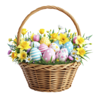 Easter basket with colorful eggs and flowers png