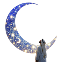 A man in a traditional arabic outfit stands in front of a crescent moon png