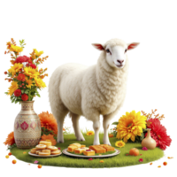 A sheep standing in front of a table with flowers and food png