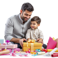 A man and a child are sitting in front of a gift box png