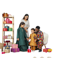 A family is standing in front of a gift box png