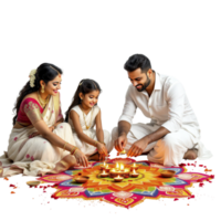A family is lighting diyas on a colorful mat png