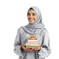 Happy muslim woman holding gift boxes on black background png