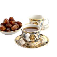 A cup of coffee and a bowl of dates png