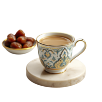 A cup of coffee and dates on a marble plate png