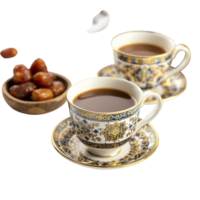Two cups of coffee and dates on a saucer png