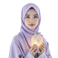 Beautiful muslim woman in hijab holding a lantern png