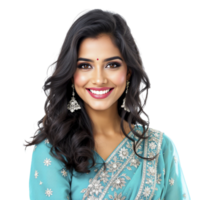 Beautiful indian woman smiling in a blue sari png