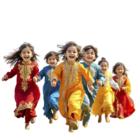 A group of children running in colorful outfits png