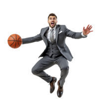A man in a suit and tie is jumping with a basketball png