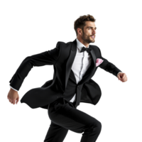 A man in a tuxedo running in a black background png