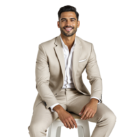 A man in a tan suit sitting on a stool png