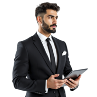A man in a suit holding a tablet computer png