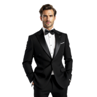 A man in a black tuxedo posing for the camera png