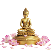 Golden buddha statue with lotus petals on black background png