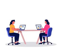 illustration of two women working on laptops at a shared desk. Ideal for coworking space, teamwork, office environment, remote work, and business collaboration concepts vector