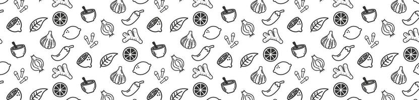 spice pattern background onion garlic ginger, lemon doodle hand drawing vector