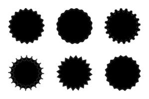 Set of six black badge silhouettes with decorative edges isolated on white background. Starburst stickers. Geometric labels for emblems and design templates vector