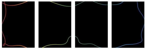 Set of four vertical black backgrounds with abstract gradient wavy lines. Modern minimalistic template design. Abstract frame with copy space for banner, poster, invitation, greeting card, and print. vector