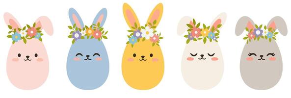 Set of cute Easter eggs with bunny ears and flower wreath vector