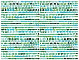 A vibrant pattern of overlapping circles in shades of blue, green, and black, arranged in horizontal rows on a white background. vector