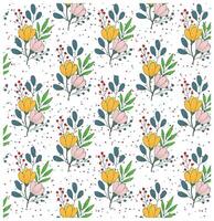 A seamless floral pattern featuring yellow and pink flowers, green leaves, and red berries on a white background with colorful speckles, It could be used as a wallpaper, fabric design, curtain vector