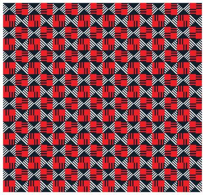 A vibrant geometric pattern featuring alternating red squares and diagonal black and white stripes, arranged in a repeating grid.