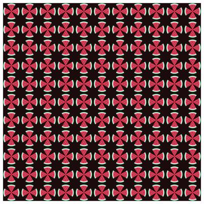 A repeating pattern of watermelon slices arranged in star shapes against a black background, creating a vibrant and playful design.