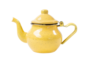 vintage enamel yellow teapot with spotted pattern with curved spout and handle resembling heart shape isolated on transparent background png