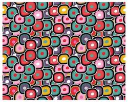 A vibrant, abstract pattern featuring colorful overlapping shapes in red, pink, teal, yellow, and black on a dark background. vector