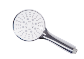 Chrome shower head featuring multiple water jets, positioned against clean background, highlighting modern bathroom fixture with sleek metallic finish and versatile design potential png