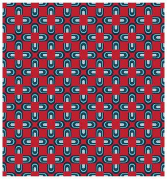A vibrant geometric pattern featuring interlocking blue and white shapes on a red background, arranged in a repeating grid. vector