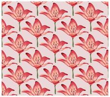 A vibrant floral patterns featuring pink lilies with green stem on a soft pink background, It could be used as a wallpaper, fabric design, curtain, pillow, or other decorative element. vector