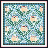 A colorful textile pattern featuring pastel flowers with green leaves on a dotted blue background, framed by a bold multicolored border, it could be used as a wallpaper, fabric design, curtain, pillow vector