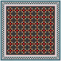 A vibrant geometric pattern featuring red and yellow shapes on a black background, framed by intricate border designs. vector